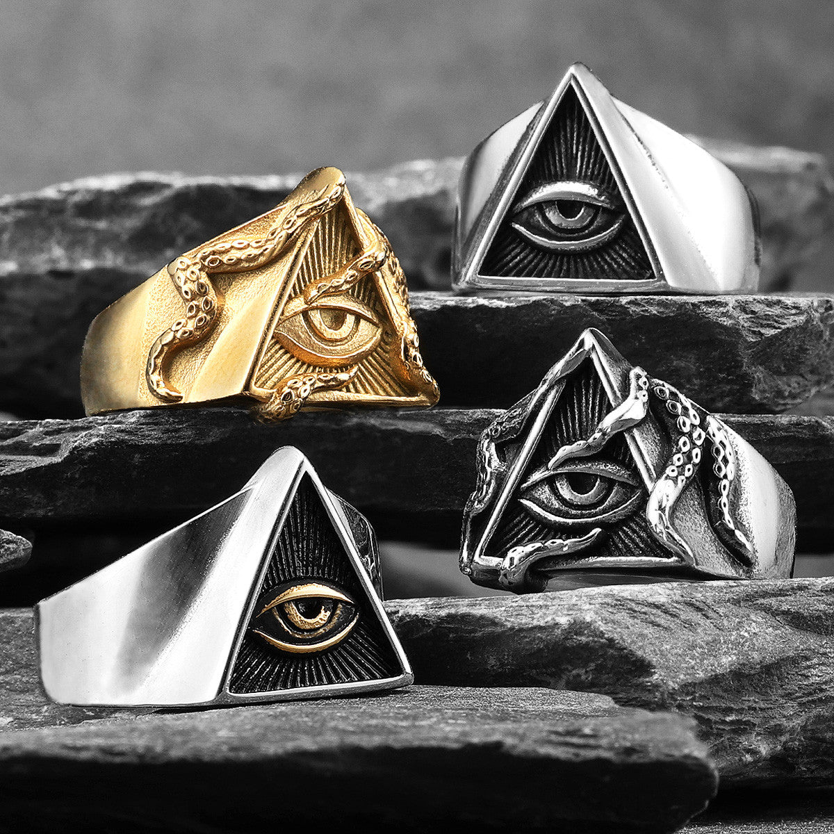 Freemason Illuminati | 316L No Fade Stainless Steel Triangle Masonic All Seeing Eye Rings
