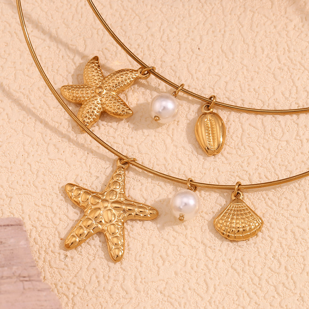 Solid Stainless Steel Starfish Scallop Pearl Waterproof 18k Gold Pendant Chain Necklace