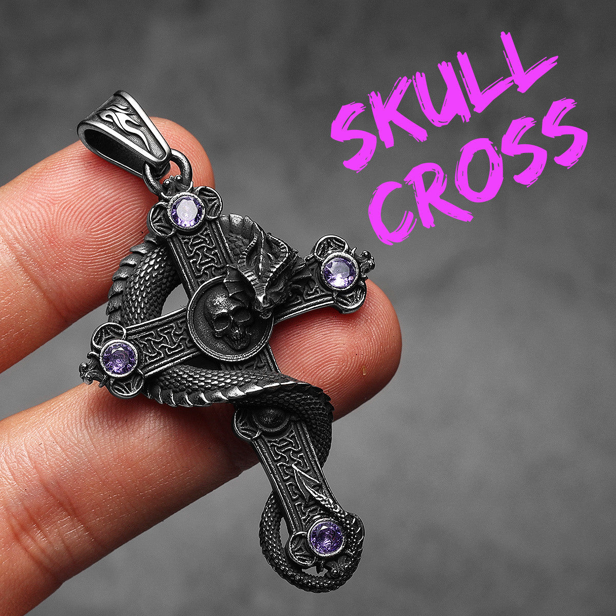 Skull Serpent Cross | 316L Shadow Skull No Fade Stainless Steel Gemstone Cross Pendant