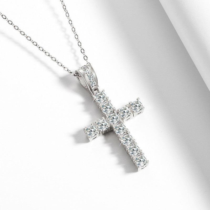 Ladies Solid 925 Sterling Silver VVS Diamond Spiritual Cross Pendant Necklace