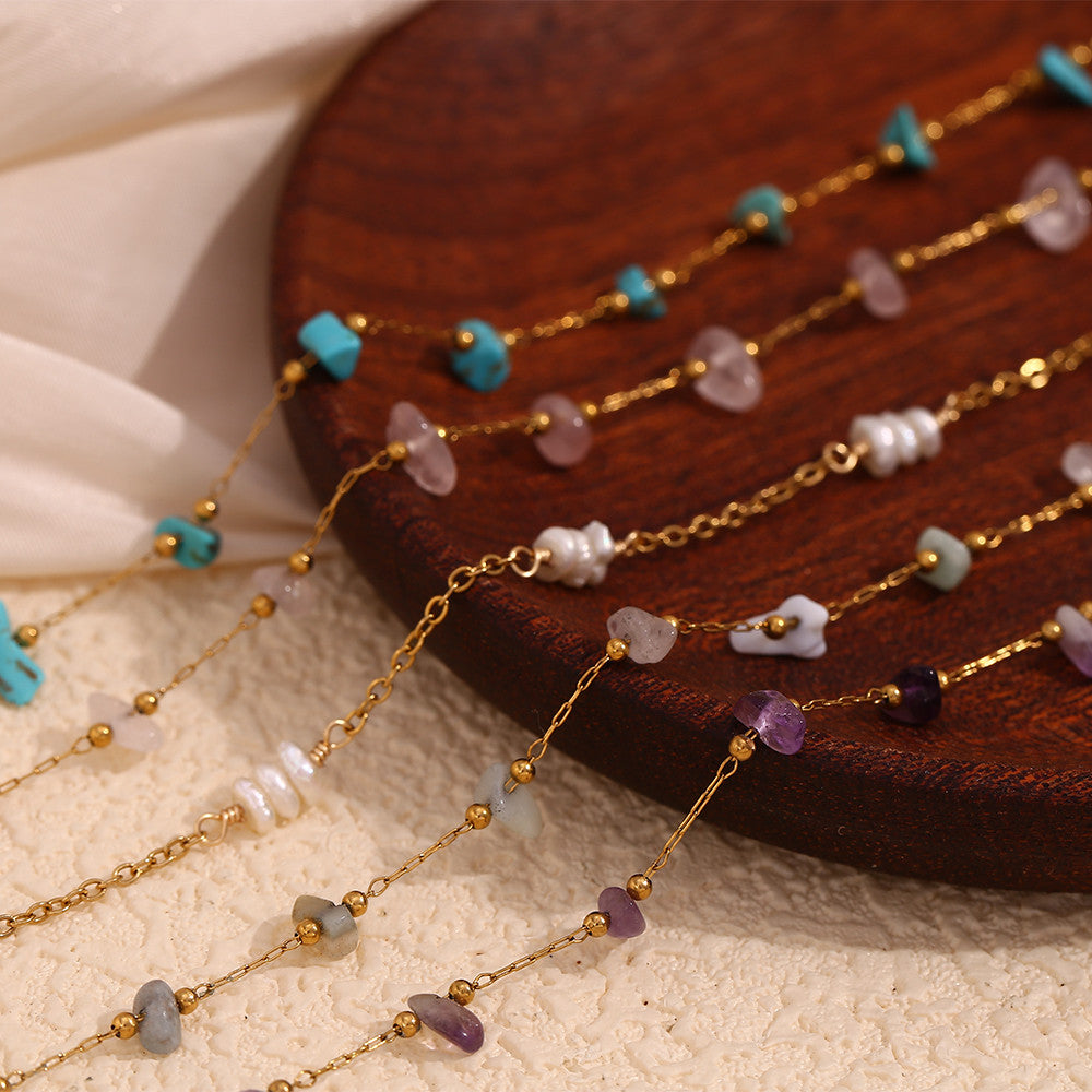 18k Gold Stainless Steel Natural Crushed Stone Handmade Waterproof Anklet Ankle Bracelets