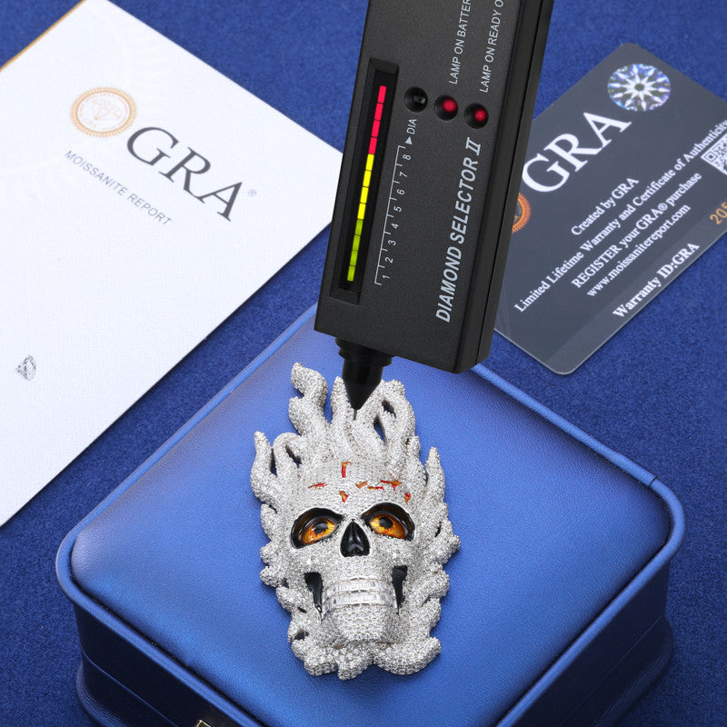 Fire Skull | Solid Sterling Silver VVS Diamond Moissante Hip Hop Pendant