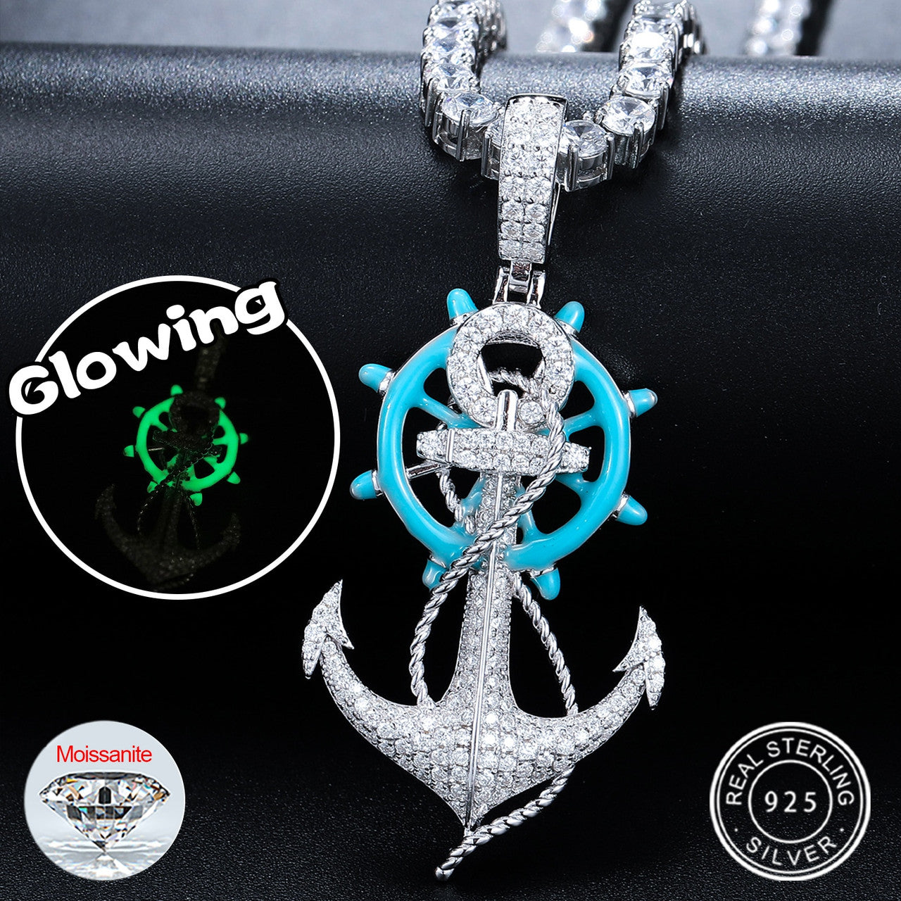 Glow In The Dark Genuine Diamond VVS Solid Silver Anchor Hip Hop Chain Pendant