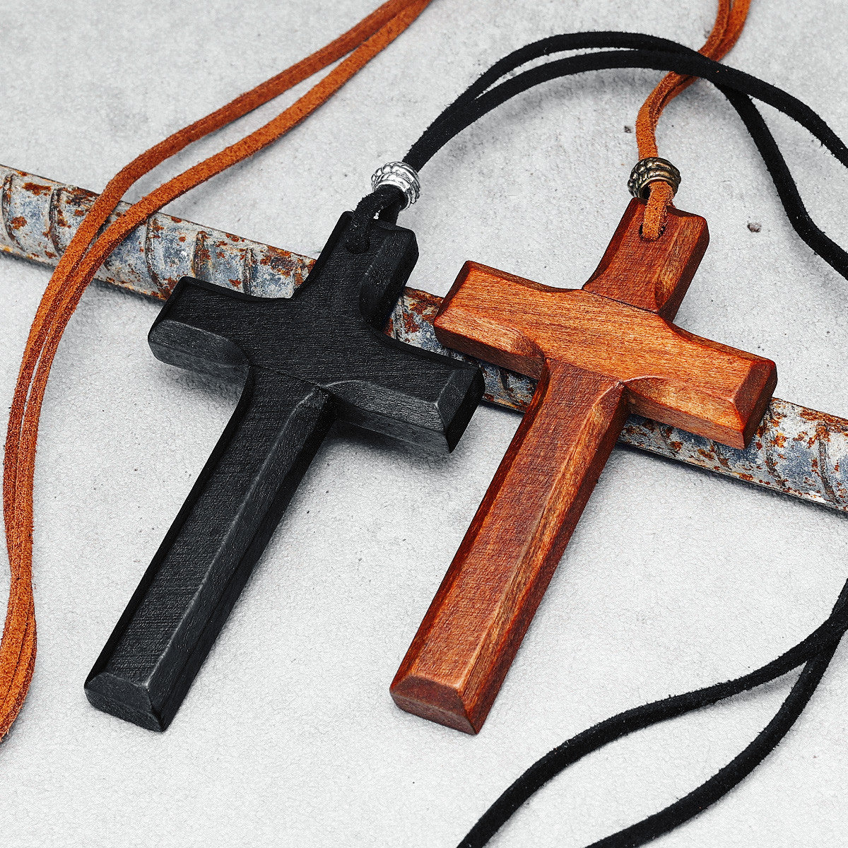 Rugged Cross | Brown Black Vintage Look Wooden Cross Spiritual Belief Pendant