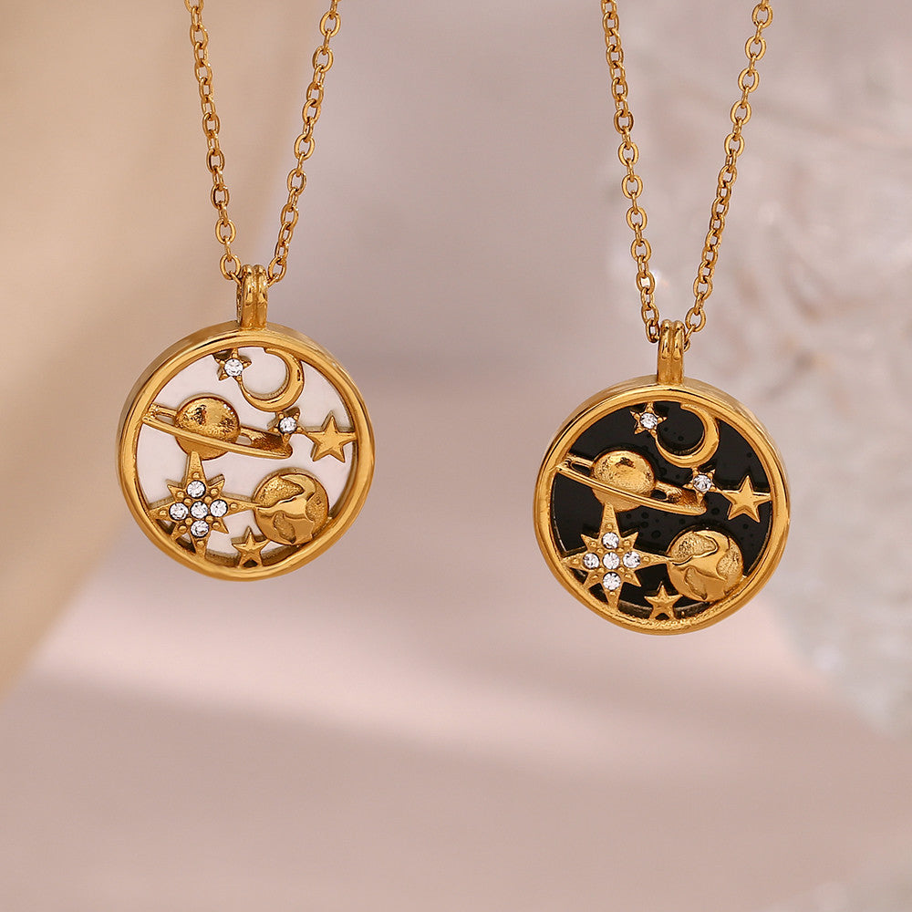 Women's Stainless Steel Black White Shell Moon Star Universe Coin 18k Gold Waterproof Necklace