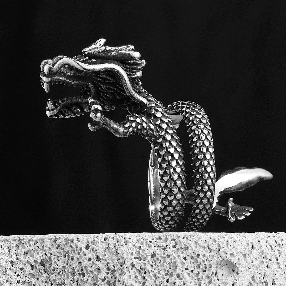 Little Dragon | Solid 316L No Fade Stainless Steel Chinese Dragon Mens Rings