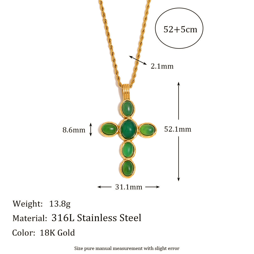 18k Gold Stainless Steel Waterproof Green/Red Color Oval Gemstone Cross Pendant Necklace