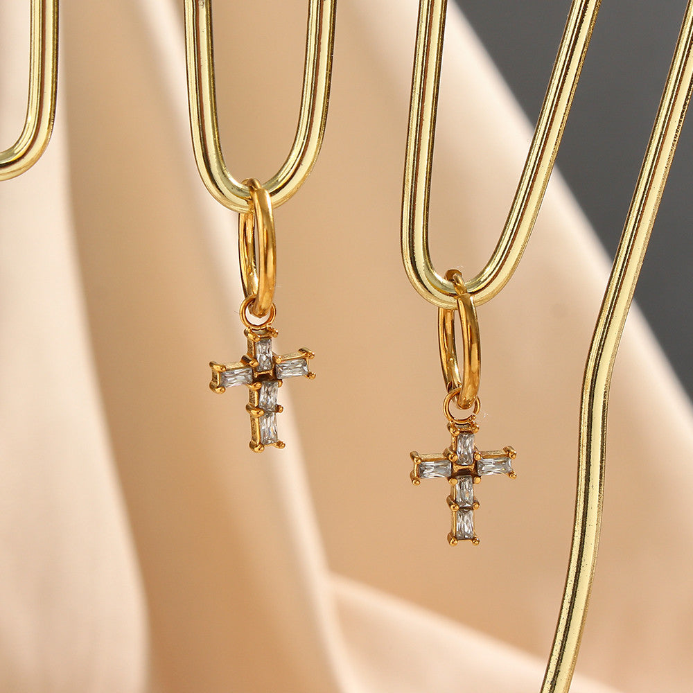 18k Gold Stainless Steel Waterproof Bling CZ Charm Cross Heart Butterfly Star Earrings