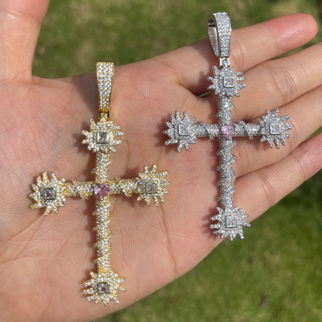 Pink Passion | Prong Set Center Stone Heart Cross Iced Pendant Necklace