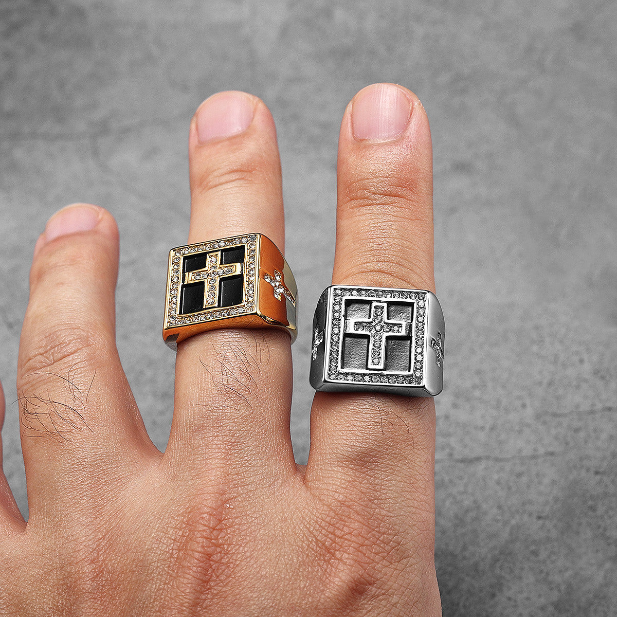 Iced Cross | 14k Gold over No Fade Stainless Steel Hip Hop Cross Blinged Out Rings