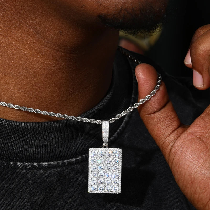 The Spark | VVS Iced Blinged Out Moissanite Diamond Dog Tag 925 Sterling Silver Pendant