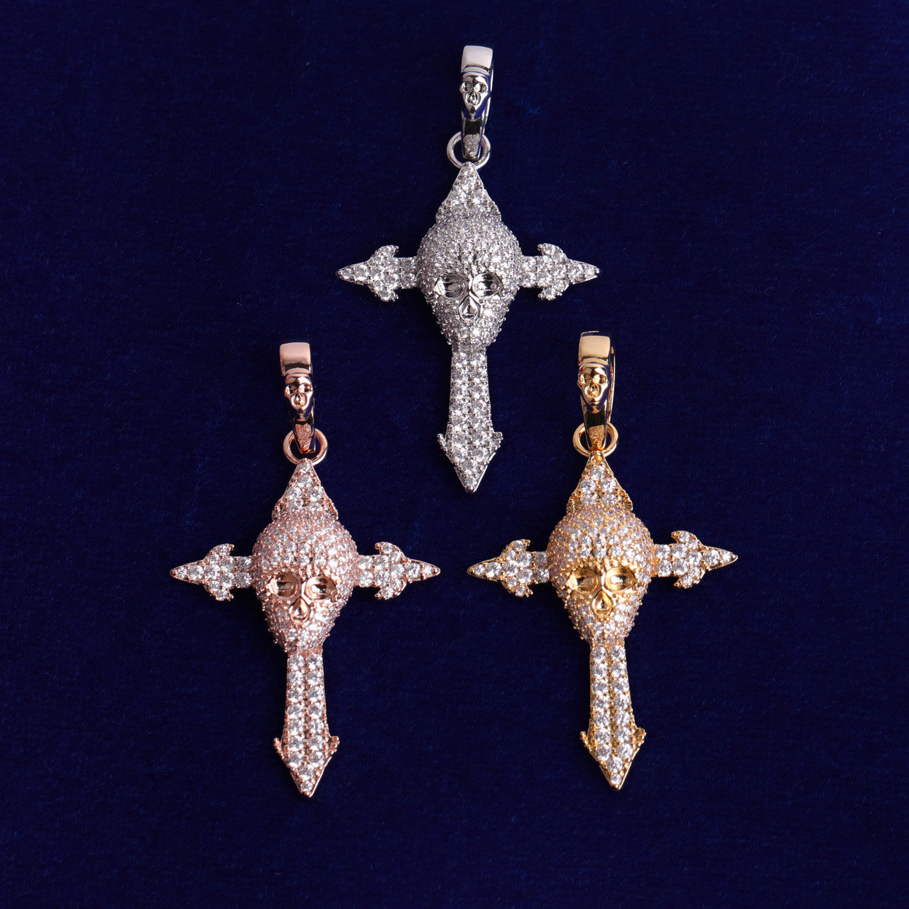 6x 24k Gold 5A Flooded Ice Stone Skull Cross Blinged Out Pendant Chain Necklace