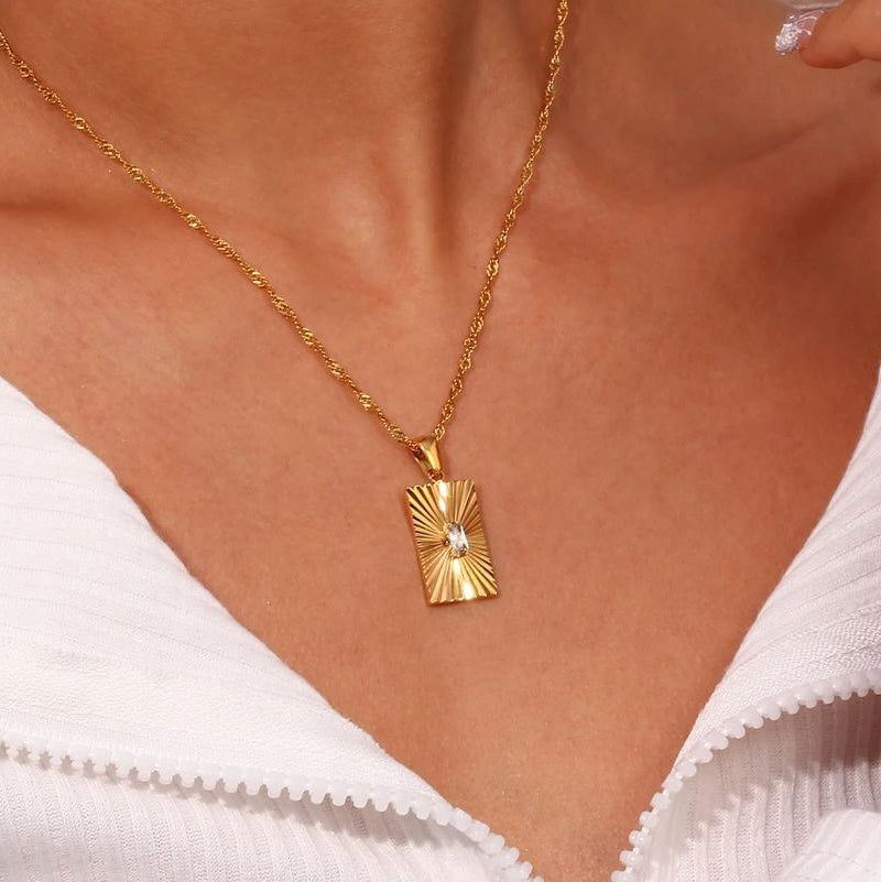 Sunburst 18k Gold Over Stainless Steel Waterproof Rectangle 316L Chain Necklace