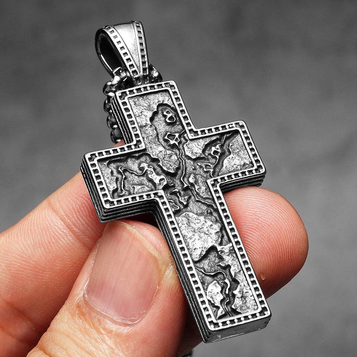 Skull Textured Cross | 316L No Fade Stainless Steel Embedded Skulls Hip Hop Pendant