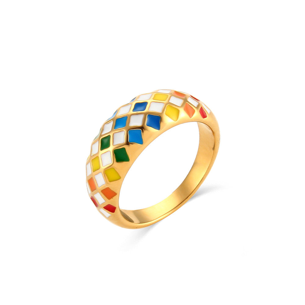18k Gold Stainless Steel Designer Tarnish Free Colorful Checker Rings