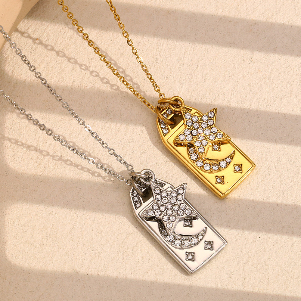 18K Gold Waterproof Stainless Steel Square CZ Moon Star Bling Tarnish Free Pendant