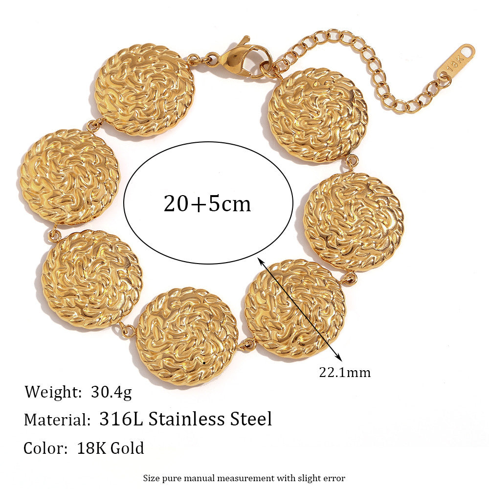 18k Gold Silver Circular Hammered Pattern Tarnish Free Stainless Steel Bracelet