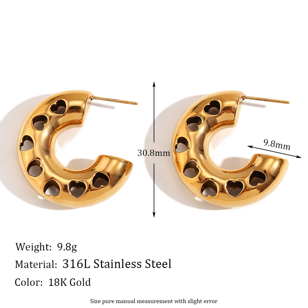 18k Gold O-shaped Street Wear Exaggerated Croissant Mini Hollow Stainless Steel Earrings