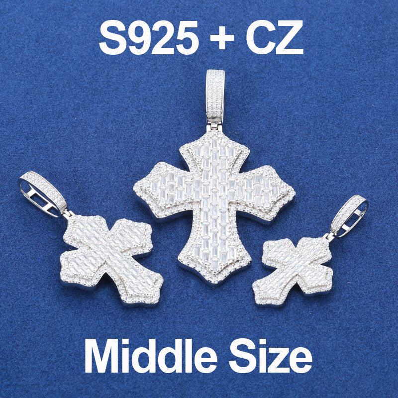 Cross Shield | Solid 925 Sterling Silver Moissanite Diamond Baguette Hip Hop Pendant