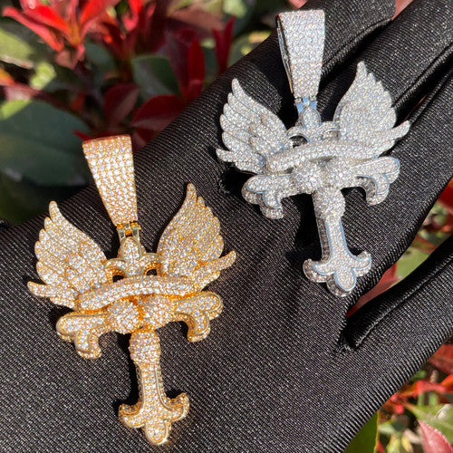 The Self Righteous | Fleur De Lis Winged Iced Blinged Out 24k Cross Pendant