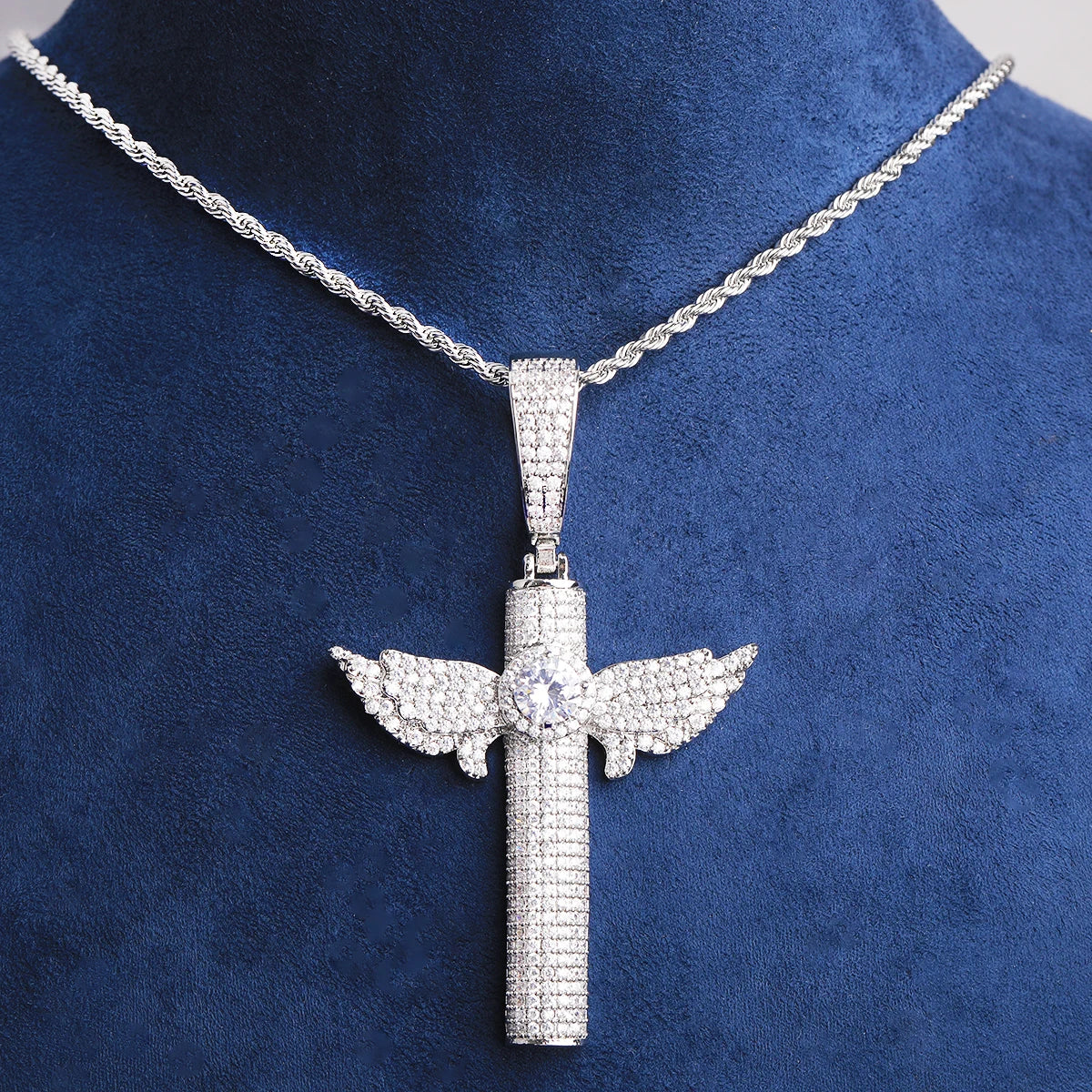 Angelic Cross | Iced Blinged Out 5A+ VVS Diamond Angel Wings Cross Center Stone Pendant