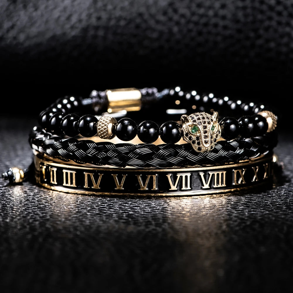 Imperial Force | Luxury Kings Crown 18k Gold Black Stainless Steel Bracelet 3 Piece Set