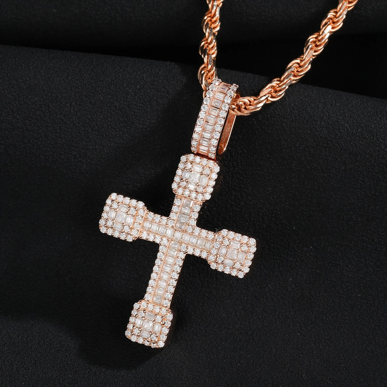Mens Baguette Diamond Block Cross 925 Sterling Silver Hip Hop Pendant