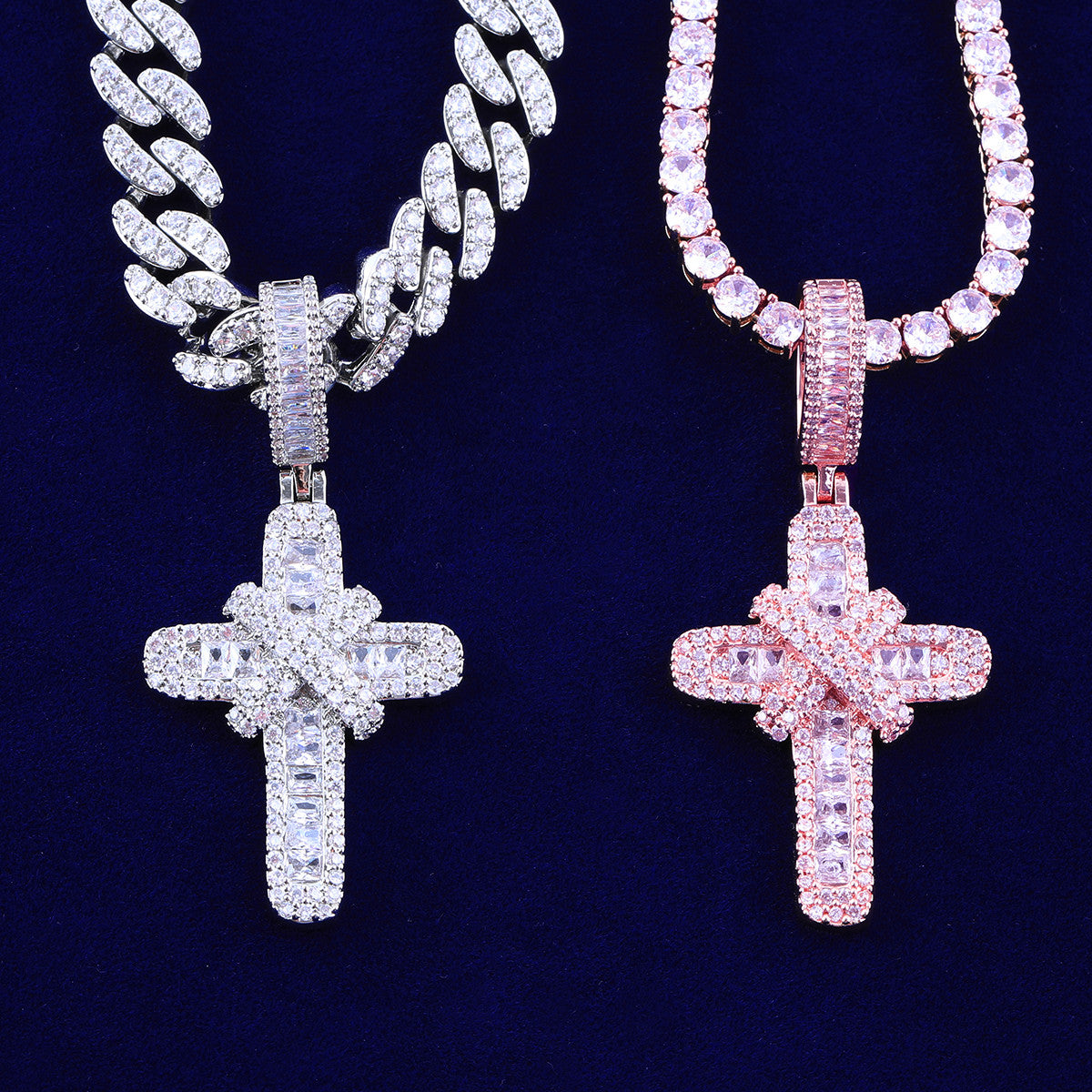 Ribbons of Ice | VVS Diamond CZ Baguette Cut Ribbon Cross Iced Blinged Out Pendant