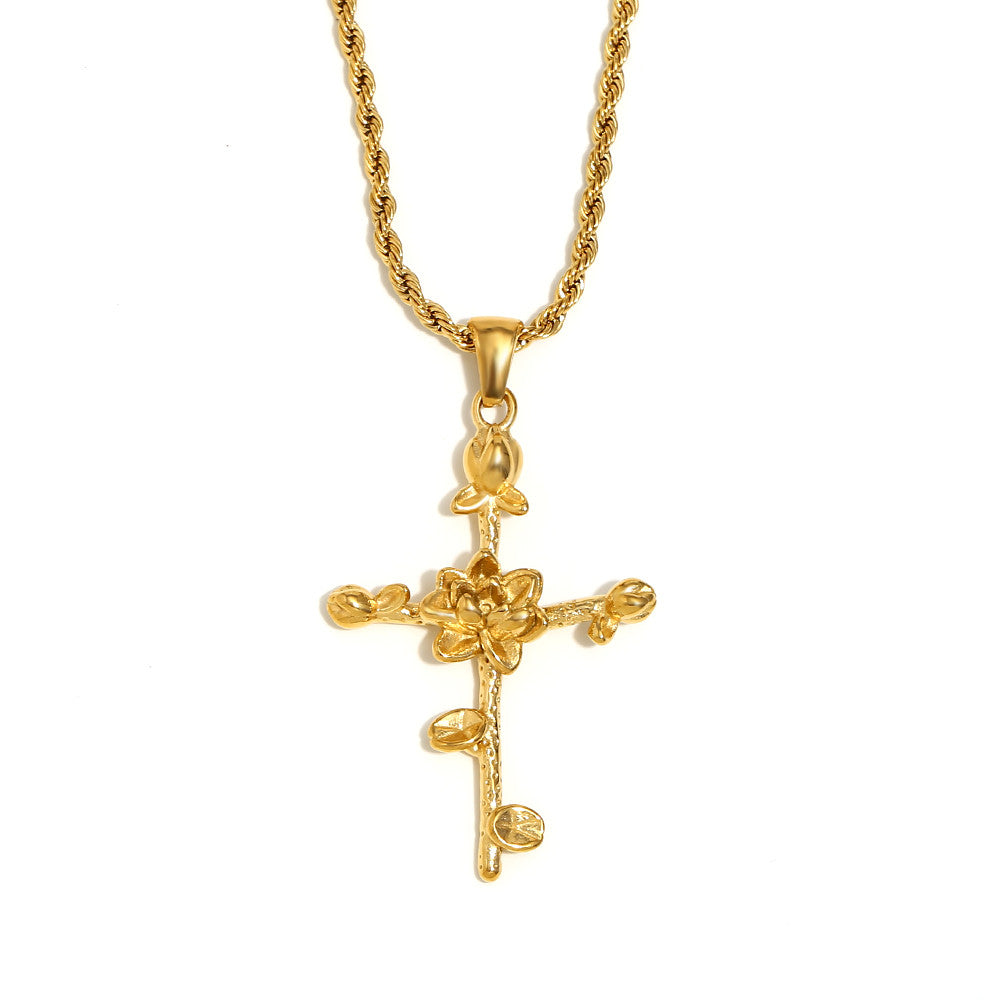Women's 18k Gold Waterproof Designer Birth Month Flower Cross Tarnish Free Necklace