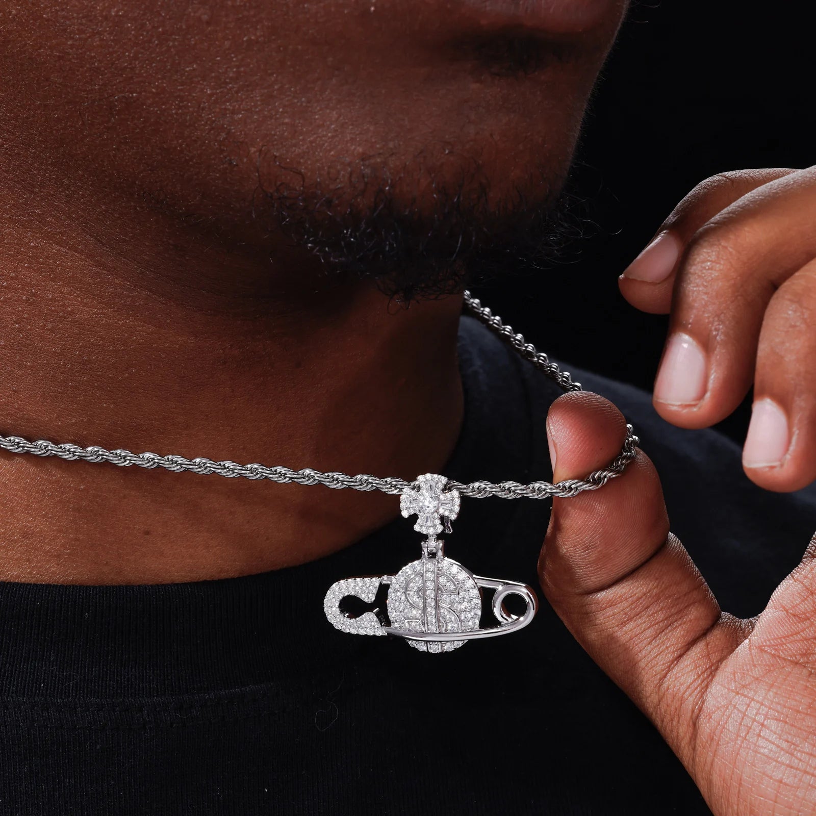Secure The Bag ll | Iced Blinged Out Moissanite Diamond Safety Pin Money Bag Cross Pendant