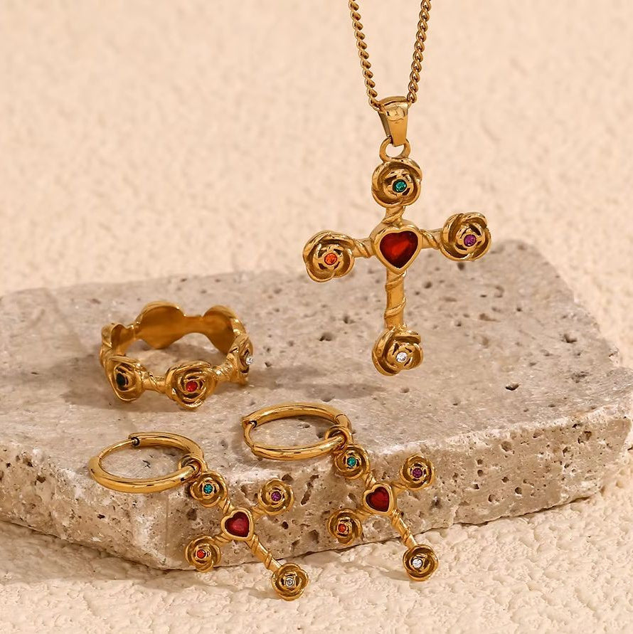 18k Gold Waterproof Stainless Steel Colorful CZ Rose Flower Cross Necklace Earring Ring Set