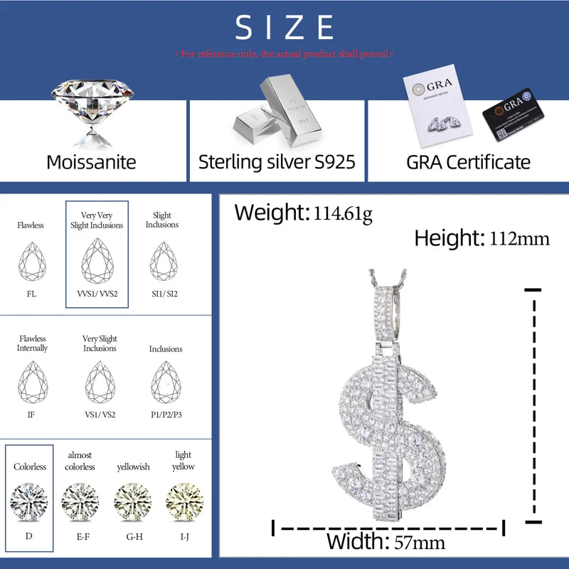 Big Dollars | Hip Hop 925 Silver I Make Big Dollars Moissanite Dollar Sign Pendant