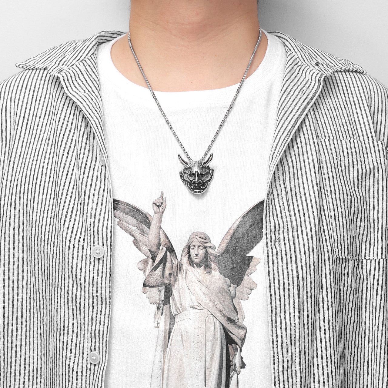 Japanese Prajna Mask | 316L No Fade Stainless Steel Expression of Evil Pendant Chain