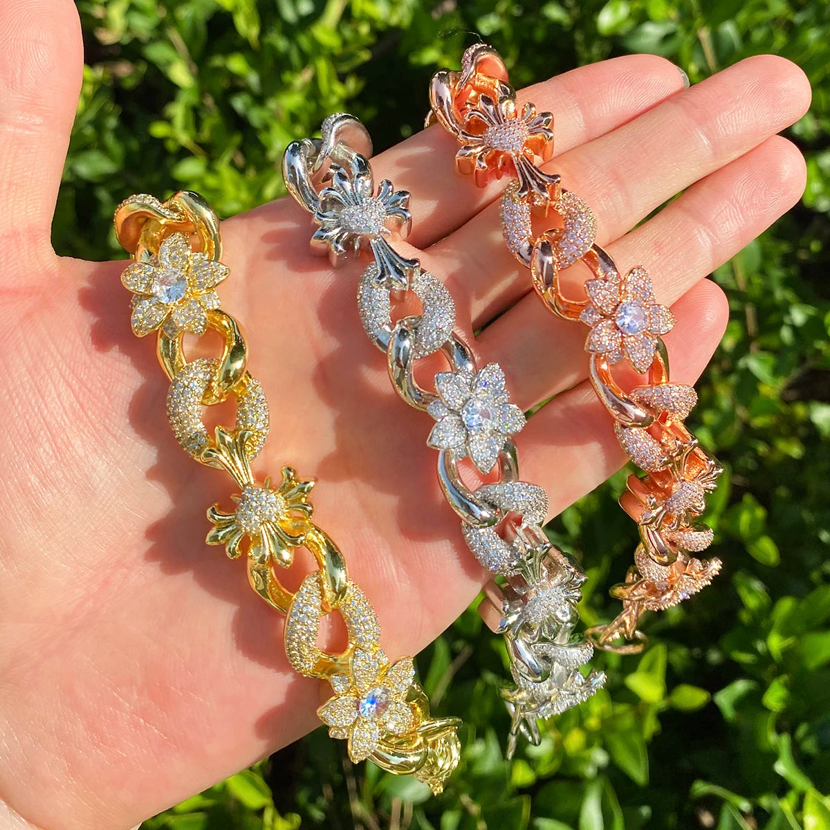 Fleur De Lis Cross | VVS Diamond CZ Flower Cross Hip Hop Cuban Link Bracelet