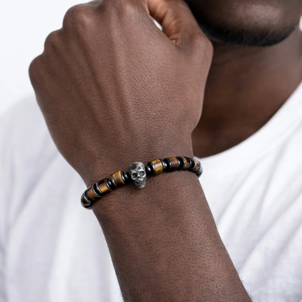Secret Society II | Men's Natural Stone Beaded No Fade Stainless Steel Skull Bracelet
