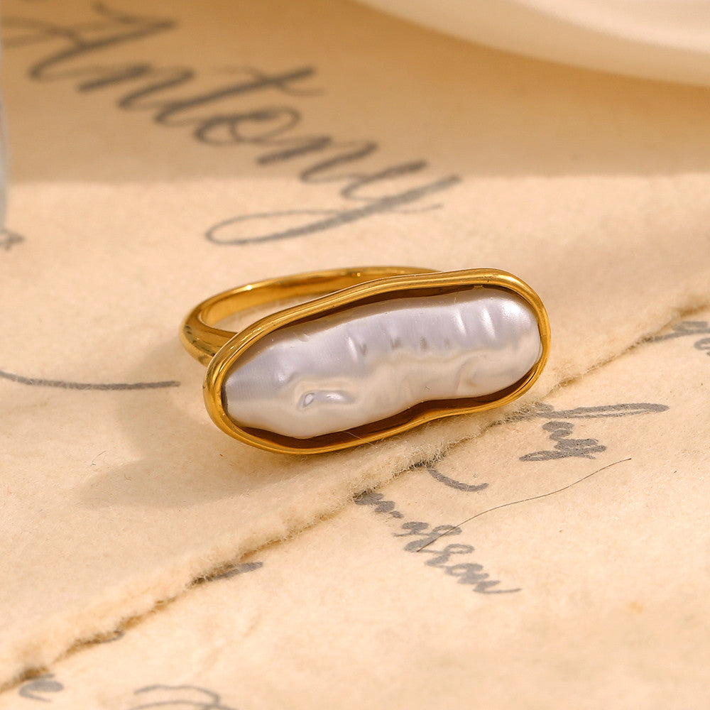 18k Gold Over No Fade Solid Stainless Steel Long Strip Freshwater Pearl Rings