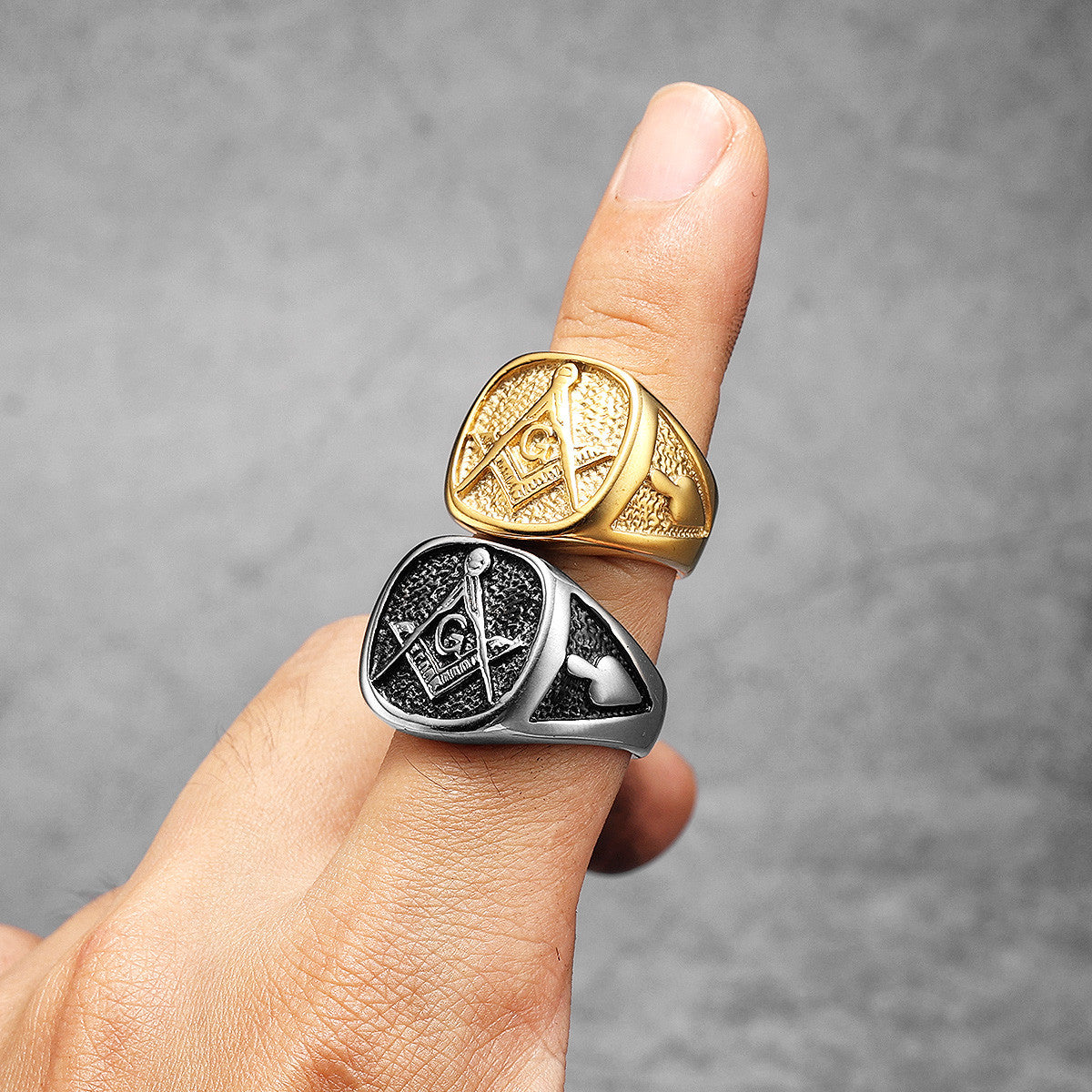 Masonic Luxury | Men's 14k Gold 316L No Fade Stainless Steel Free Mason Compass Square Rings