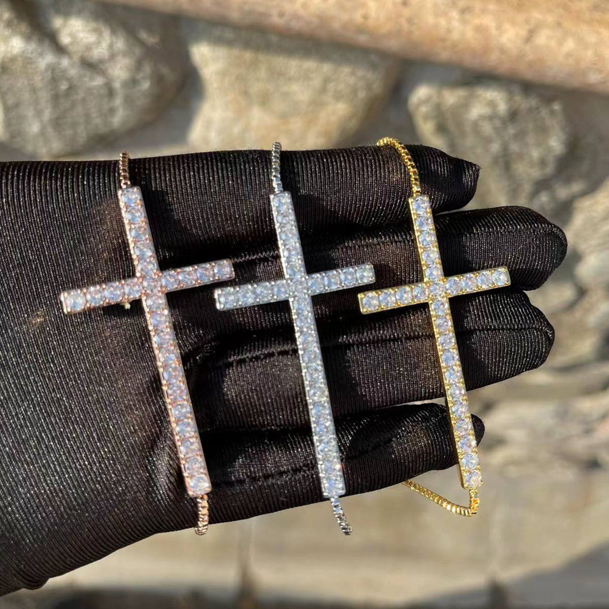 Cross Of Hope | Prong Set 24k 925 Silver Rose Gold Box Chain Bracelet