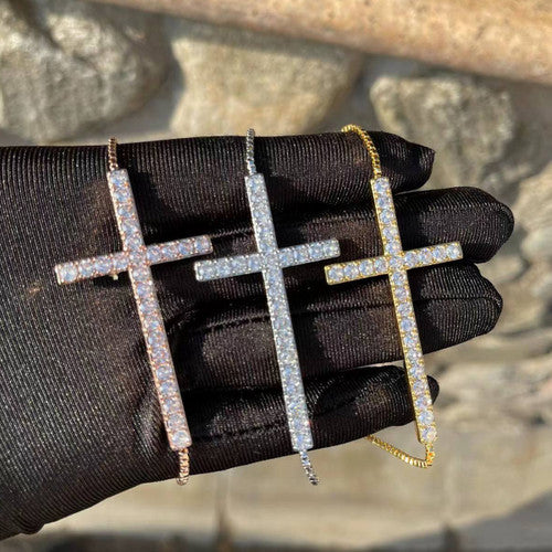 Cross Of Hope | Prong Set 24k 925 Silver Rose Gold Box Chain Bracelet