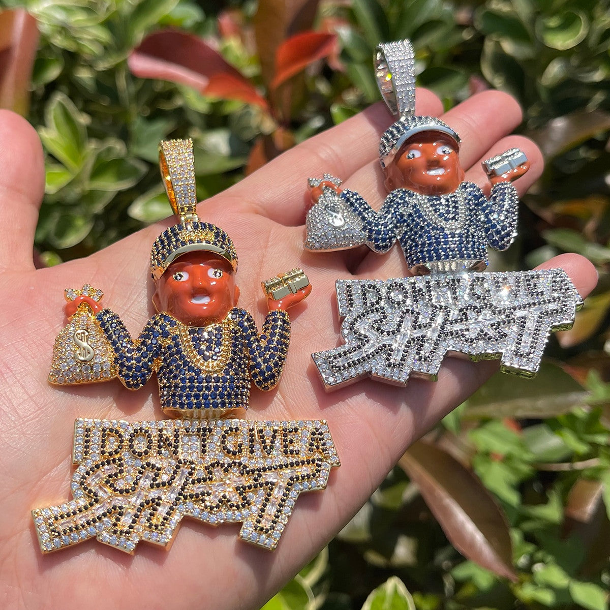 I Dont Give a Sh*t | Iced Blinged Out Money Bag Hip Hop Pendant Chain Necklace