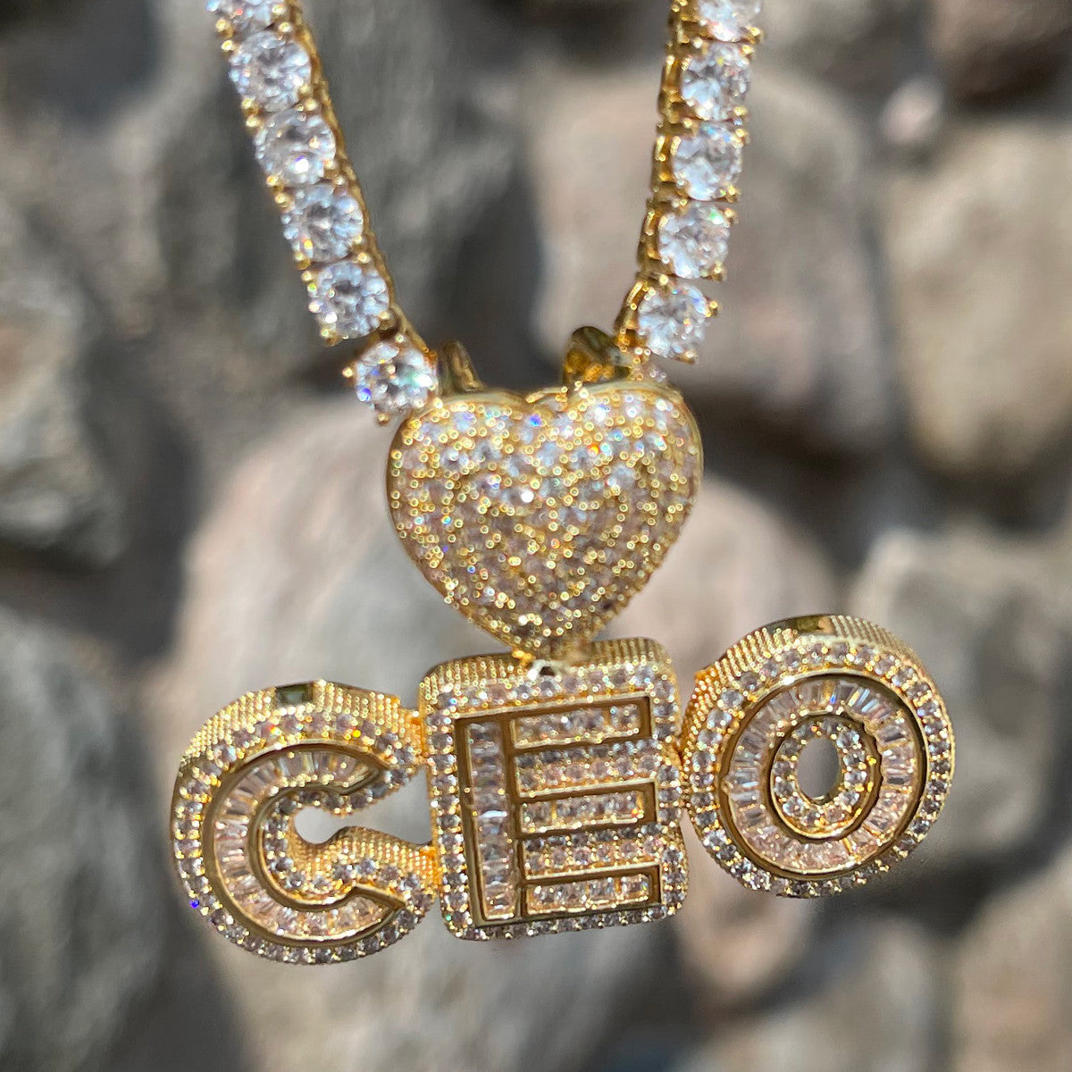 Heart Spark | Small Baguette Iced VVS Diamond CZ Custom Made Letter Neckalce