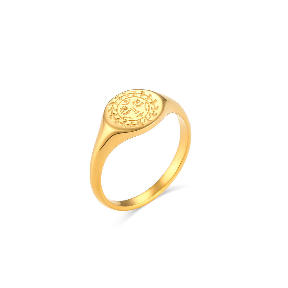 18k Gold Facial Expression of Moon Sun Star Goddess Stainless Steel Ring