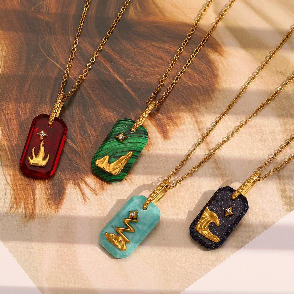 Ladies 18k Gold Stainless Steel Colorful Rectangle Star Lion Pendant No Fade Necklace