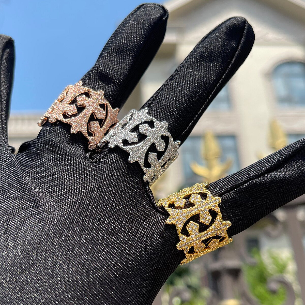 Mens Iced Blinged Out Cross Cutout 24k Rose Gold Silver Hip Hop Thick Pharaoh Rings