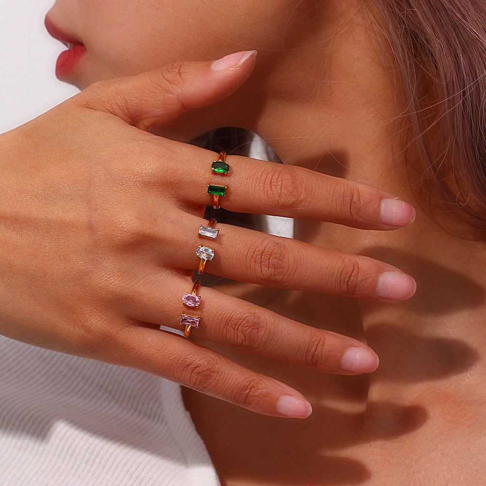 18k Gold Open Adjustable Size Water Drop Square CZ Stainless Steel Bling Rings