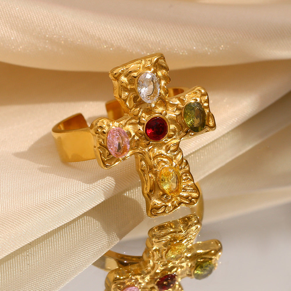 Womens Luxury 18k Gold Multicolor CZ Stainless Steel Waterproof Cross Ring