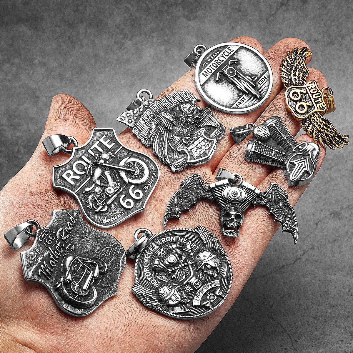 Route 66 | 316L Solid Stainless Steel Motorcycle Rider Americas Highway Street Style Pendant