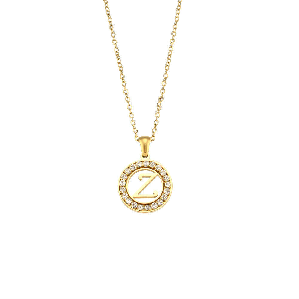 18k Gold Waterproof Hollow Round CZ Paved 26 Alphabet Initial Necklace