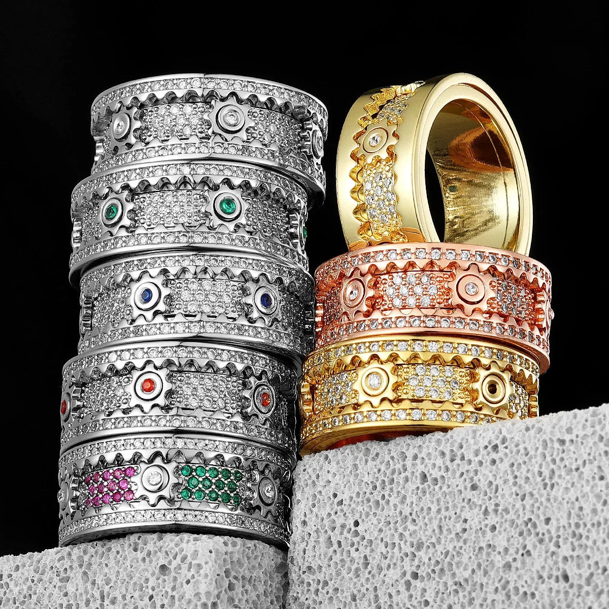 Rotating Gems | Iced Blinged Out Spinning Gears Gemstone No Fade Stainless Steel Rings