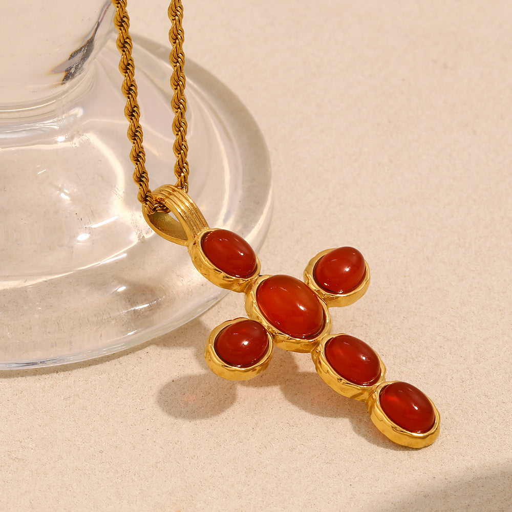 18k Gold Stainless Steel Waterproof Green/Red Color Oval Gemstone Cross Pendant Necklace